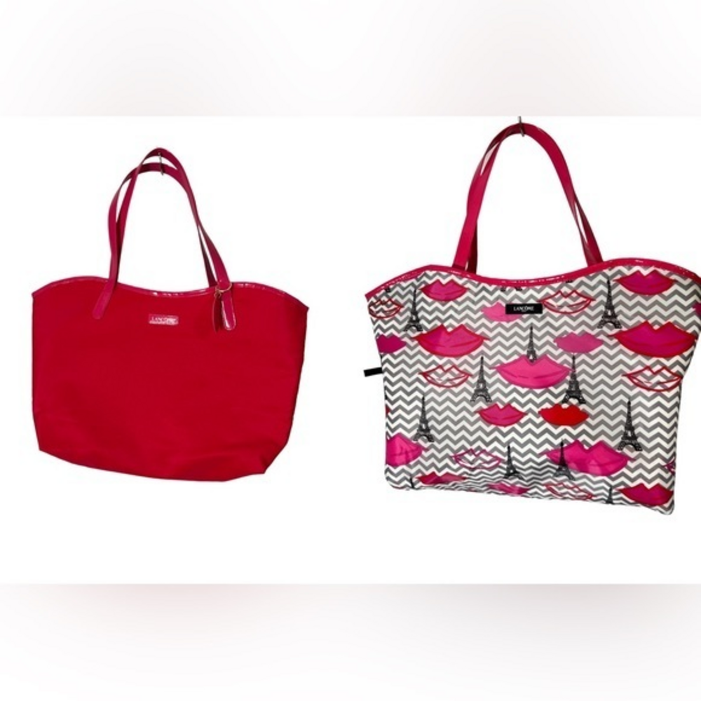 Lancome Reversible Tote Make Up Cosmetic Travel Bag Paris Lips hot pink